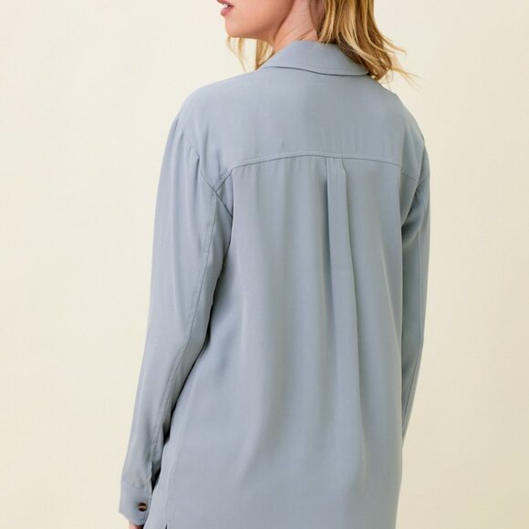 MYSTREE Light Blue Button-Down Blouse, Relaxed Fit Collared Shirt, Soft Flowy - Picture 3 of 5